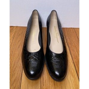 Salvatore Ferragamo Patten Black Croc-Effect Leather Block Heel Size 9 2A